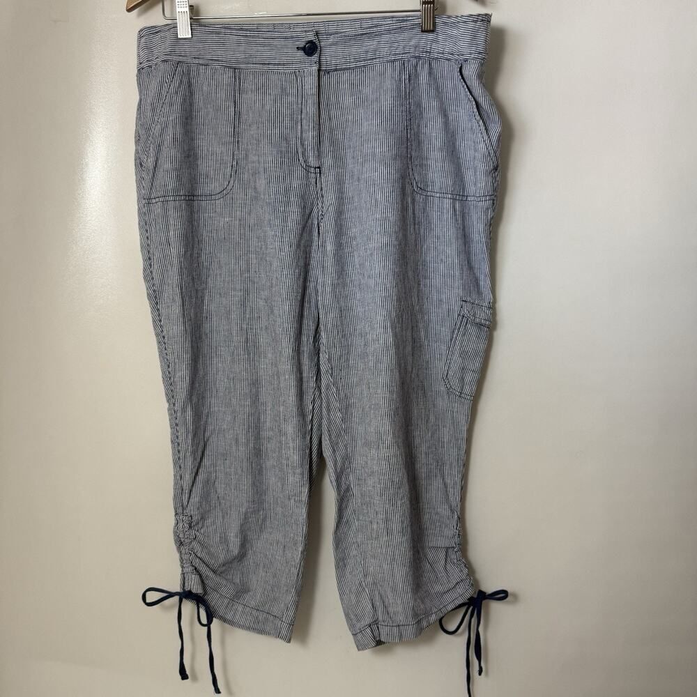 Rafaella Pants Linen Womens 14 Blue Striped Ruched Capris Nautical Beach Resort